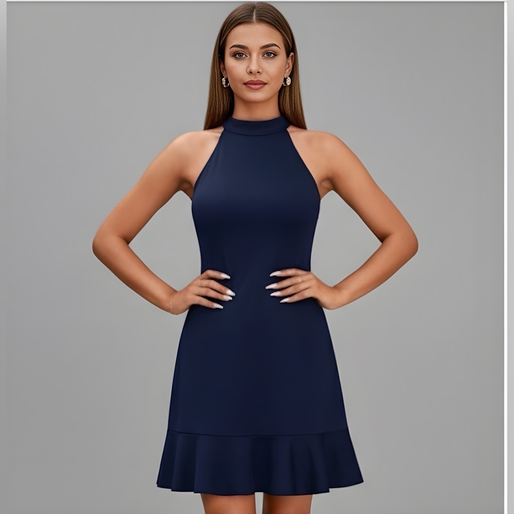 Navy Halter Neck Ruffle Hem Swing Dress